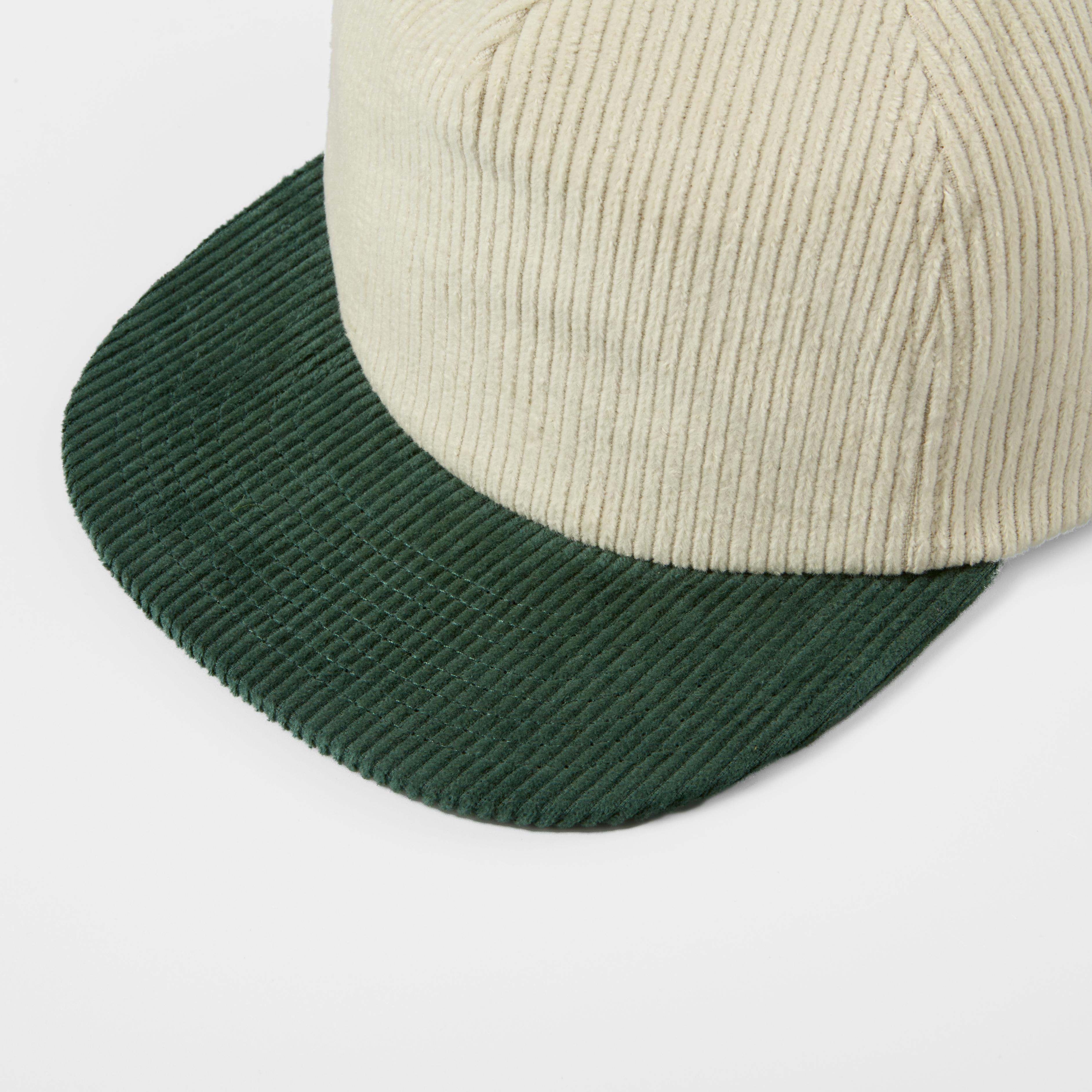 custom 5 panel corduroy snapback hat beige and green top peak